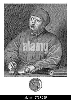 Porträt von Tommaso Inghirami, Francesco Allegrini, nach Giuseppe Zocchi, nach Raphael, 1763 Porträt von Tommaso Inghirami, der hinter einem Tisch sitzt. Stockfoto