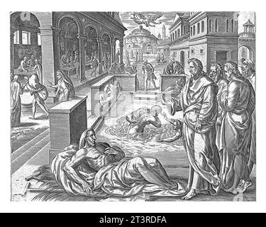 Christus heilt die Kranken in Betzata (Bethesda), Johannes Wierix, nach Gerard van Groeningen, 1585 Christus heilt einen Mann, der dreißig Jahre krank war Stockfoto