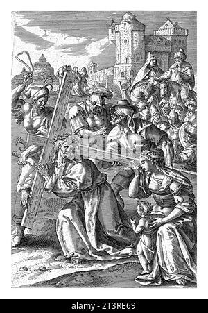 Antonie Wierix (II), nach Maerten de Vos, 1583–1587, fällt Christus auf Kalvaria, während er sein Kreuz trägt. Simon von Cyrene hilft h Stockfoto