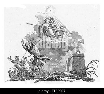 Soldaten richten ihre Pfeile auf den Himmel, Reinier Vinkeles (I), 1751–1816 Eine Gruppe von Soldaten feuert ihre Pfeile auf zwei Göttinnen auf einer Wolke, die sie schicken Stockfoto