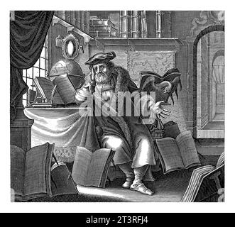 Scholar in His Study, Jacob van Meurs, 1630–1680 Ein Gelehrter, umgeben von offenen Büchern in seiner Studie. Auf dem Tisch eine Kugel. Stockfoto