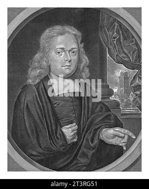 Porträt von David Flud van Giffen, Adriaen Haelwegh, nach A. Houbraken, nach 1688–1697 Porträt rechts des Theologen David Flud van Giff Stockfoto