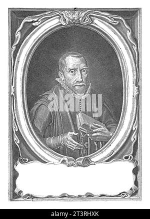 Porträt von Willem Teelinck, Pieter de Jode (I), nach Adriaen Pietersz. Van de Venne, 1590 - 1632 Büstenporträt von Willem Teelinck, im Alter von 41 Jahren. Stockfoto