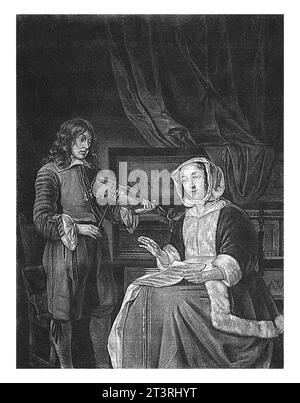 Mann, der eine Violine spielt und eine Frau singt, Jacob Gole, nach Gabriel Metsu, 1680–1700 Innenraum mit einem Mann, der die Geige spielt und eine Frau singt. Die Stockfoto
