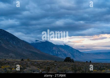 Bewölkter Morgen in den Buttermilks, am Fuße der Sierra Nevada Mountains in Bishop California. Herbstfarben und schneebedeckte Berge mit La Stockfoto