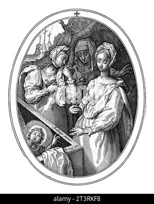 Drei Marys am Grab, Crispijn van de Passe (I), nach Jacques Bellange, 1600 am Grab Christi, erscheint ein Engel für die drei heiligen Frauen, die c Stockfoto