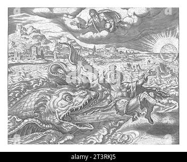 Der Fisch spuckt Jonah an Land, Philips Galle, nach Maarten van Heemskerck, 1596 - 1633, nachdem er drei Tage und Nächte im Bauch des f Stockfoto