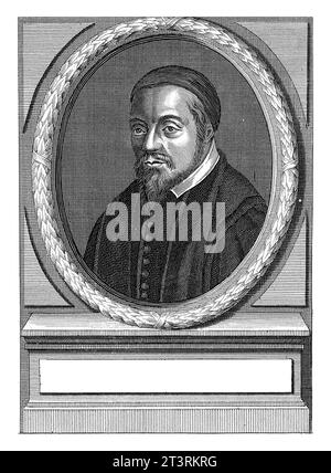 Porträt von Georgius Cassander, Jan Lamsvelt, 1696 - 1743 Porträt-Büste in Oval links vom Humanist Georgius Cassander, mit Kalot. Stockfoto