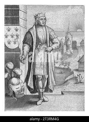 Porträt von Ludwig dem einfachen, Philips Galle (abgelehnte Zuschreibung), 1603 Ludwig IV. Der einfache, König von Frankreich. Neben ihm das Wappen Frankreichs. Stockfoto