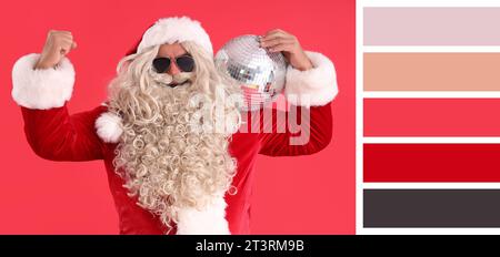 Cooler Weihnachtsmann mit Discokugel auf rotem Hintergrund. Verschiedene Farbmuster Stockfoto