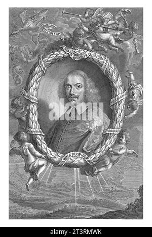 Porträt von Kardinal Giacomo Rospigliosi, Richard Collin, um 1668 - ca. 1697 Kardinalbüste in einem ovalen Rahmen, getragen von Engeln. Stockfoto