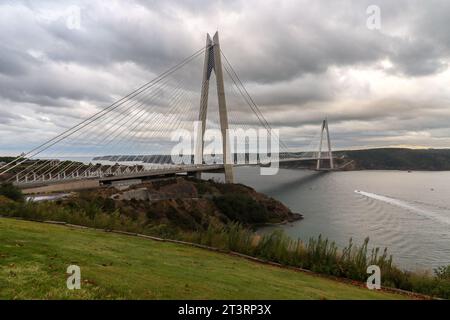 Yavuz-Sultan-Selim-Brücke in abendlicher Beleuchtung. Hängebrücken in İstanbul, Türkei. Bewölkter Himmel im Hintergrund. Stockfoto