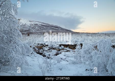 Schneebedeckter Abisko Canyon im Winter im Abisko National Park, märchenhaft Stockfoto