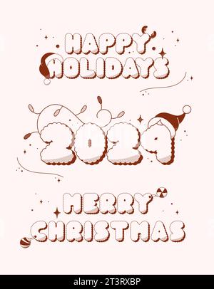 Grooviges zweifarbiges Weihnachtsset. Dunkelrote Halbtonbuchstaben. Frohe Feiertage 2024. Stock Vektor