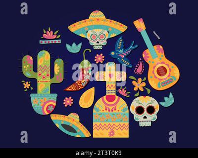 Hispanische mexikanische Kultur. Traditionelle Blumen- und Schädelelemente. Fiesta, Tag des Todes. Handgezeichnete Vektorelemente Stock Vektor