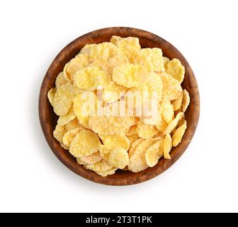 Cornflakes in Holzschale isoliert auf weiß, Draufsicht Stockfoto