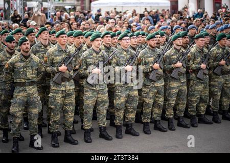 Wien, Österreich. 26. Oktober 2023. Einmarsch der Rekruten am Heldenplatz in Wien zu Ihrer feierlichen Angelobung. *** Wien, Österreich 26. Oktober 2023 Rekruten marschieren auf dem Heldenplatz in Wien zu ihrer feierlichen Vereidigung ein. Stockfoto