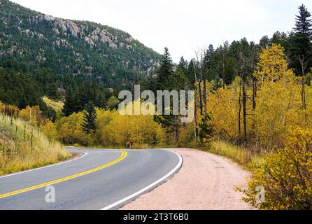Eine gewundene Straße führt durch den Golden Gate Canyon State Park in Colorado mit wechselnden Aspenbäumen entlang der Straße und Kiefern hoch in den Bergen Stockfoto