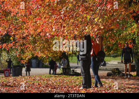 Vancouver, Kanada. Oktober 2023. Menschen machen Fotos unter einem Vordach aus Herbstlaub in Vancouver, British Columbia, Kanada, am 26. Oktober 2023. Quelle: Liang Sen/Xinhua/Alamy Live News Stockfoto