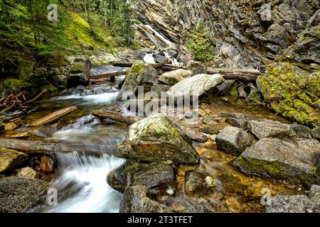 Eine Landschaft aus Wasser, das die Felsen an den Granite Falls im Norden von Idaho herunterstürzt. Stockfoto