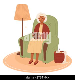 Glückliche ältere schwarzhäutige Frau, die ein Buch auf dem Stuhl liest. Alte Frauen in gemütlicher häuslicher Umgebung. Vektorabbildung Stock Vektor