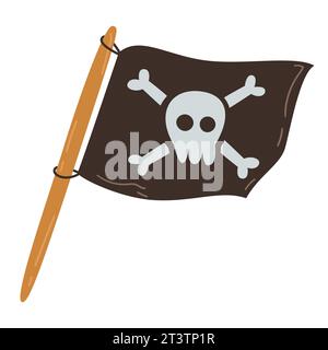 Zerrissene Piratenfahne mit weißem Schädel- und Knochensymbol. Wehende schwarze Vektorfahne mit Kreuzknochen-Emblem. Vektorillustration isoliert auf weißem Hintergrund Stock Vektor