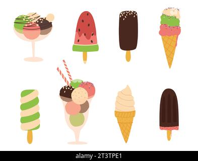 Vektor sechs bunte flache verschiedene Eissorten. Eis, Kegel, Eisbecher, Eis, Vanilleeis, Schokoladeneis. Stock Vektor