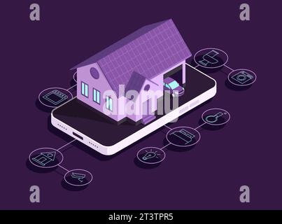 Illustration des konzeptionellen isometrischen Vektors der Smart Home-Technologie. Gebäude mit Symbolen von Smart-Geräten in Haushalten verbunden. Vektorillustration Konzept o Stock Vektor