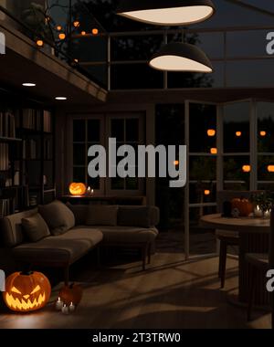 Inneneinrichtung eines modernen dunklen Wohnzimmers bei Nacht im Halloween-Thema mit gruseligen Kürbislampen. 3D-Rendering, 3D-Abbildung Stockfoto