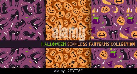 Halloween Seamless Patterns Kollektion. Verzierung mit Kürbissen mit verschiedenen Gesichtern und schwarzer Katze. Abbildung mit drei Vektoren Stock Vektor