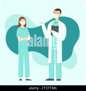 Ein Arzt in einer Schutzmaske berät eine Krankenschwester in einer Schutzmaske. Abstrakter Hintergrund der blauen Flecken. Vektorabbildung. Stock Vektor