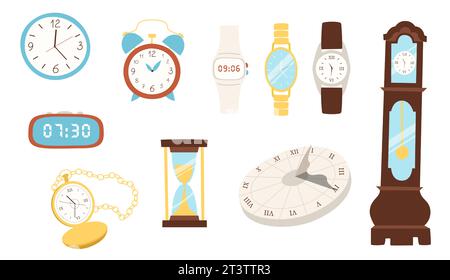 Satz der flachen Uhr. Vintage- und Digitaluhren mit Cartoon-Zeichentrick. Armbanduhr und Sanduhr. Home Interior Time Measure Tower. Sonnenuhr und Plastikalarm. Vektor Stock Vektor