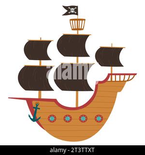 Piratenschiff mit offenen Segeln und einer Flagge mit Schädel und gekreuzten Knochen. Hölzernes Piratenschiff im Cartoon-Stil. Designelement im Piratenstil. Vektorillustrat Stock Vektor