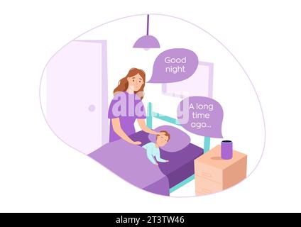 Work Smart Speaker Konzept. Mom bittet den intelligenten Lautsprecher, ein Märchen für ihre Kinder-Vektor-Illustration einzuschalten. Sprachassistent. Internet der Dinge. Stock Vektor