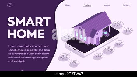 Konzeptionelles Banner für Smart-Home-Technologie. Gebäude mit Symbolen von Smart-Geräten in Haushalten verbunden. Vektorisometrische Darstellung Konzept von System Inte Stock Vektor