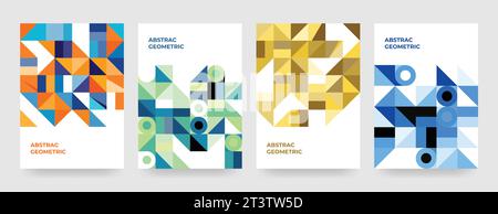 Moderner farbenfroher Flyer mit geometrischen Formen, Geometriegrafiken und abstrakten Hintergrundvektoren. Design-Element drucken oder präsentieren. Stock Vektor