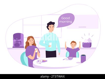 Glückliche Familie frühstückt zusammen. Smart-Home-Konzept. Der Smart Speaker schaltet elektrische Geräte als Reaktion auf einen Sprachbefehl ein. Internet von Stock Vektor