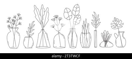 Abstrakte Blumensträuße in Glasvasen. Vektorentwurzelemente. Stock Vektor