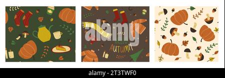 Drei nahtlose Vektormuster zum Thema Herbst. Motiv-Illustration: Warmer Pullover, Gummistiefel, Wollsocken, Regenschirm. Herbsternte: Mushr Stock Vektor