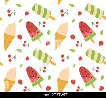 Eis, Obst und Minzmuster. Horn-, Spiralen- und Wassermeloneneis. Vektorabbildung in abgewickelter Form Stock Vektor