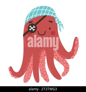 Niedlicher Karikatur-Piraten-Oktopus mit Augenklappe und Bandana. Illustration des Zeichentrickvektors. Postkarte, Poster, Einladung, Aufkleber. Stock Vektor