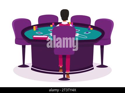 Croupier in einem Casino an einem Blackjack Tisch Vektor Illustration. Casino, Spielhaus-Wohnung Illustration. Personen-Charaktere. Inneneinrichtung des Kasinos. Gambl Stock Vektor