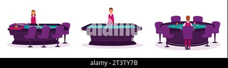 Croupier in einem Kasino für verschiedene Arten von Glücksspiel-Vektor-Set. Tische für Poker, Craps und Roulette. Casino, Spielhaus-Wohnung Illustration. Kasino Stock Vektor