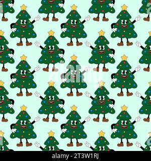 Retro 70er 60er 80er Jahre Hippie Groovy nahtloses Muster mit Weihnachtsbaumcharakter zeigen Zeichen Peace. Illustration der Vektorabwicklung. Stock Vektor