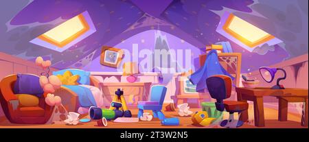 Ein unordentliches, unordentliches Dachzimmer eines kleinen Jungen. Cartoon-Spielzimmer mit Chaos und Unordnung - überfülltes Kinderzimmer unter dem Dach mit beschädigtem Bett und Möbeln, abgerissener Tapete, verstreuten Spielzeugen und Kleidung. Stock Vektor