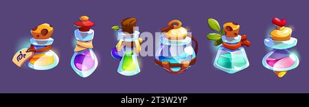 Magisches Elixier in der Flasche, Fantasy-Trank-Icon-Set. Comic Vial ui Asset mit flüssiger Liebesmedizin. Alchemist- oder Hexenlabor-rpg-Schnittstellendarstellung eines isolierten Gefäßobjekts mit Tag. Stock Vektor