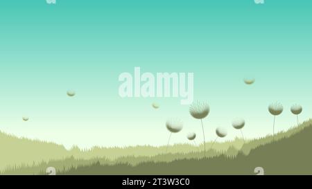 Löwenzahn Blumenfeld Landschaft, olivgrüne Farbe Gras Stock Illustration. Stockfoto