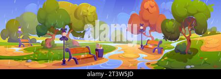 Bank im Park und Regenlandschaftsvektor-Hintergrund. Grüne öffentliche Außenallee im Sommer mit Straßenlaterne und regnerischem Wetter. Außenmöbel zum Sitzen 2D Illustration. Wasserpfützen-Grafik Stock Vektor