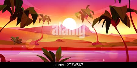 Landschaft bei Sonnenuntergang oder Sonnenaufgang mit Wüstenfluss. Vektor-Karikaturillustration von exotischen Palmensilhouetten in der Nähe von Sewasser, Sanddünen und Sonne am Horizont, rosa und orange Himmel, natürlicher Hintergrund Stock Vektor