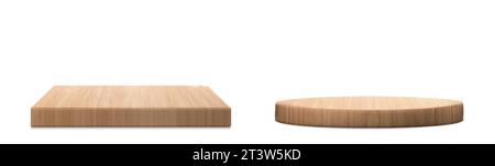 Braune Holzteller als Produktpräsentation. 3D-Rendervektor-Illustrationssatz aus rundem und rechteckigem flachem Bodensockel mit heller Holzstruktur. Natürliche Mockup des kosmetischen Produktionsstandes. Stock Vektor